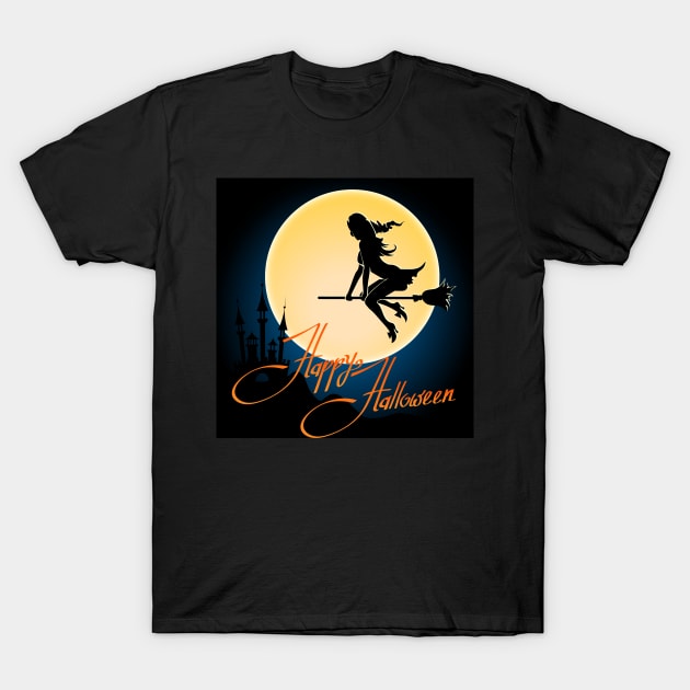 Happy Halloween poster with witch on a broom T-Shirt by devaleta